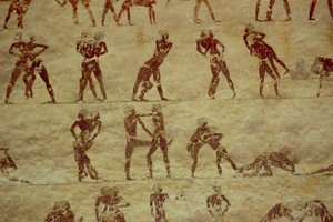Luchadores, (detalle) de una pintura mural de tumba, Egipto, Reino Antiguo a Medio (caliza pintada) de Unknown